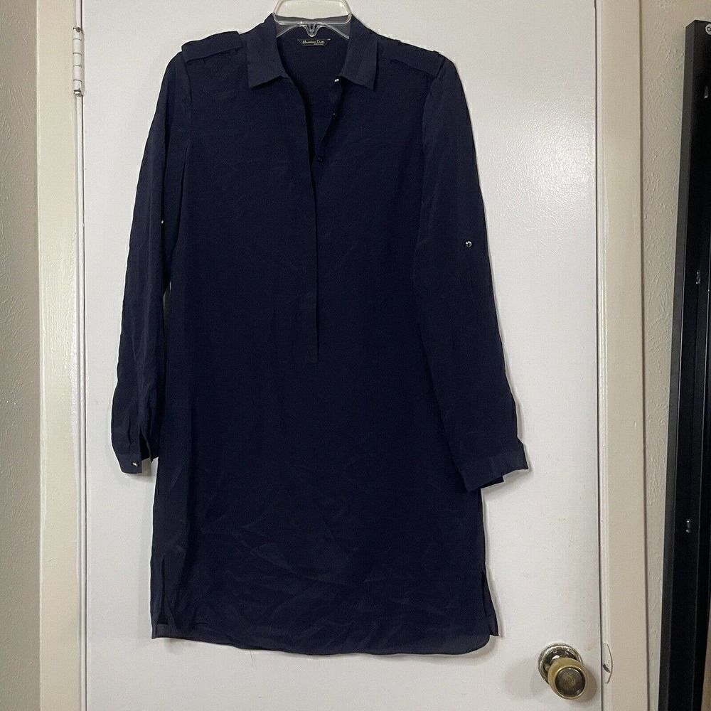 Massimo Dutti Navy Blue Button front Mulberry silk tunic blouse shirt size US 4
